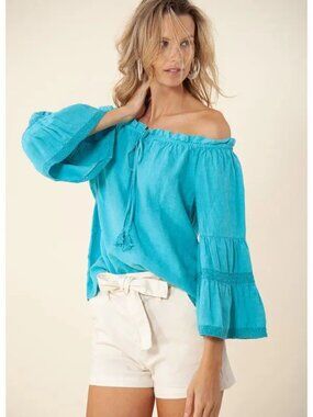 Hale Bob Darci Blue Off The Shoulder Linen Top Tiered Sleeve Crochet Sz XS New
